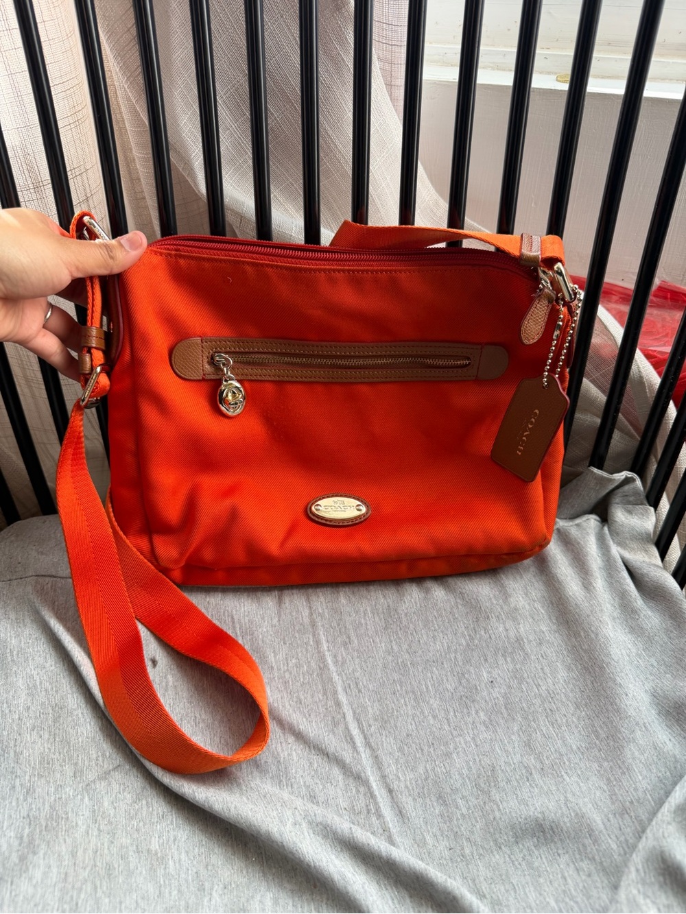 Coach Bright Orange Nylon Crossbody with Leather Trim